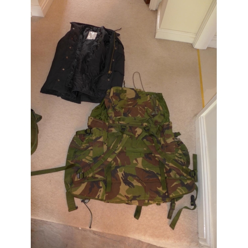 372 - A BRITISH ARMY BERGEN BACKPACK, COMPRESSION BAG AND A COLD WEATHER JACKET (3)