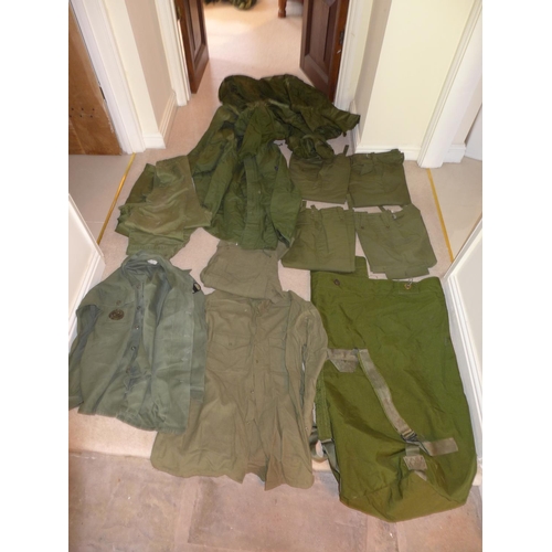 374 - A LARGE COLLECTION OF MILITARY/SHOOTING/FISHING CLOTHING TO INCLUDE WATERPROOF JACKET, TROUSERS, COA... 