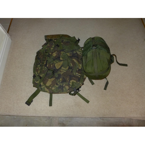 377 - A BRITISH ARMY BERGEN BACKPACK AND A COMPRESSION BAG