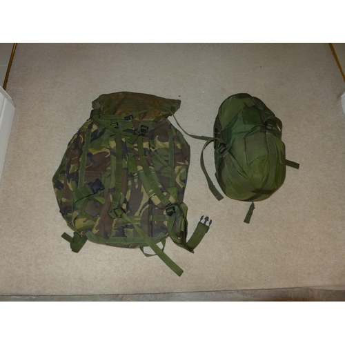 377 - A BRITISH ARMY BERGEN BACKPACK AND A COMPRESSION BAG