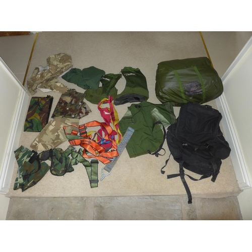 382 - A COLLECTION OF MILITARY EQUIPMENT, BACKPACK, SLEEPING BAG, HARNESS, BERGHANS BAGS ETC