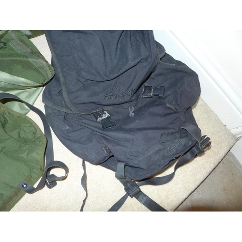 382 - A COLLECTION OF MILITARY EQUIPMENT, BACKPACK, SLEEPING BAG, HARNESS, BERGHANS BAGS ETC