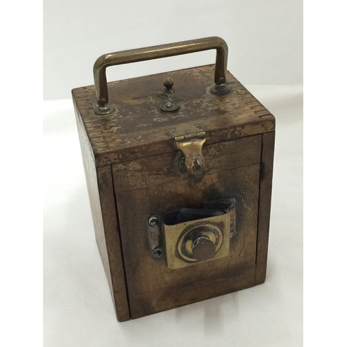 103 - A WOODEN MINING INSPECTION LAMP WITH BRASS FITTING - WORKING AT TIME OF CATALOGUING