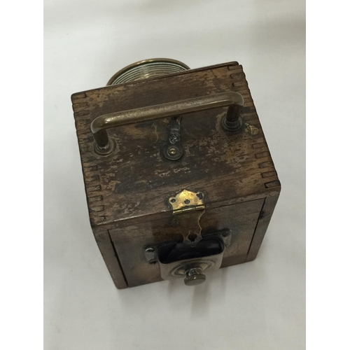 103 - A WOODEN MINING INSPECTION LAMP WITH BRASS FITTING - WORKING AT TIME OF CATALOGUING