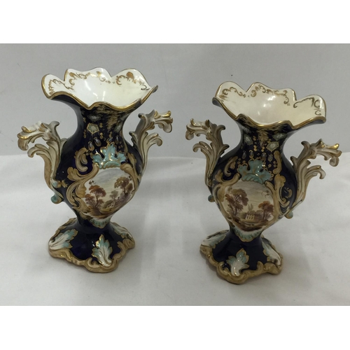 104 - A PAIR OF VICTORIAN COBALT BLUE AND GILT VASES  WITH FLUTED TOP HEIGHT 18CM PLUS A PORCELAIN BISQUE ... 