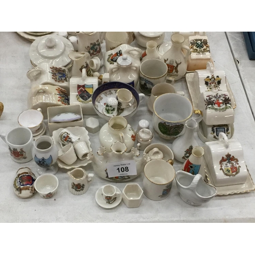 108 - A LARGE QUANTITY OF CRESTED WARE TO INCLUDE MINIATURE CHEESE DISHES, PLATES, VASES, CUPS, JUGS, ETC