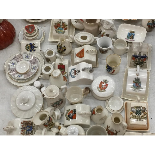 108 - A LARGE QUANTITY OF CRESTED WARE TO INCLUDE MINIATURE CHEESE DISHES, PLATES, VASES, CUPS, JUGS, ETC