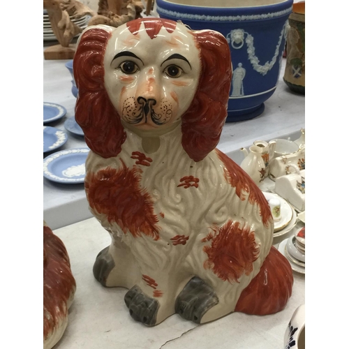 113 - THREE VINTAGE RED AND WHITE SPANIEL MANTLE DOGS HEIGHTS 33CM, 31CM AND 19CM