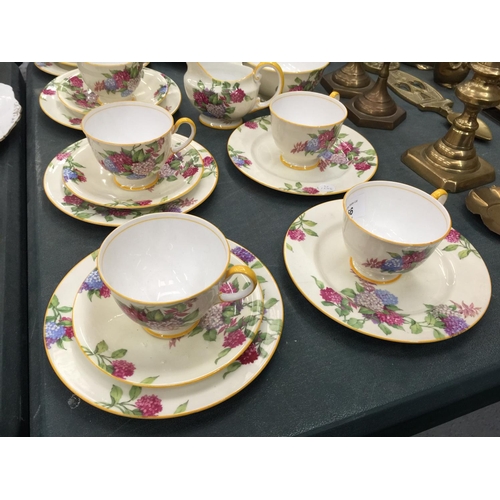 66 - A QUANTITY OF VINTAGE AYNSLEY CHINA CUPS, SAUCERS, PLATES SUGAR BOWL AND CREAM JUG IN A HYDRANGA PAT... 