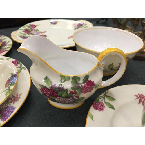 66 - A QUANTITY OF VINTAGE AYNSLEY CHINA CUPS, SAUCERS, PLATES SUGAR BOWL AND CREAM JUG IN A HYDRANGA PAT... 