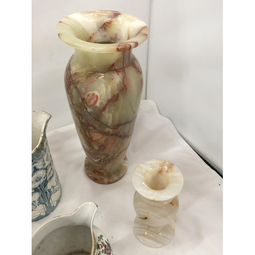 69 - A LARGE MARBLE/ONYX VASE HEIGHT 33CM, A SMALLER ONE - A/F, CHIP TO BASE - HEIGHT 15CM, PLUS TWO VINT... 