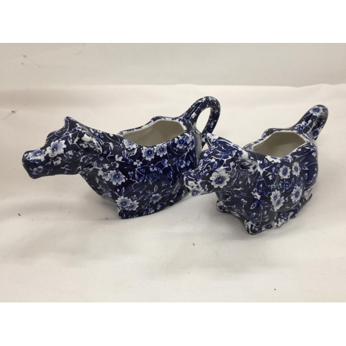 71 - A PAIR OF BURLEIGH 'CALICO' COW CREAMERS HEIGHT 9CM, WIDTH 19CM