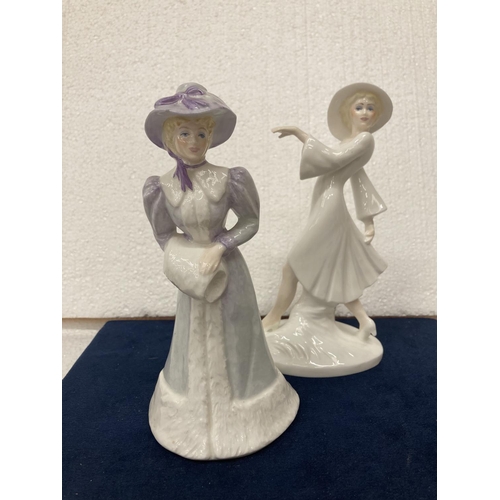 722 - A BONE CHINA COALPORT LADY FIGURINE TOGETHER WITH ANOTHER BOTH MADE IN ENGLAND 21 AND 20 CM