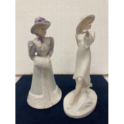 722 - A BONE CHINA COALPORT LADY FIGURINE TOGETHER WITH ANOTHER BOTH MADE IN ENGLAND 21 AND 20 CM