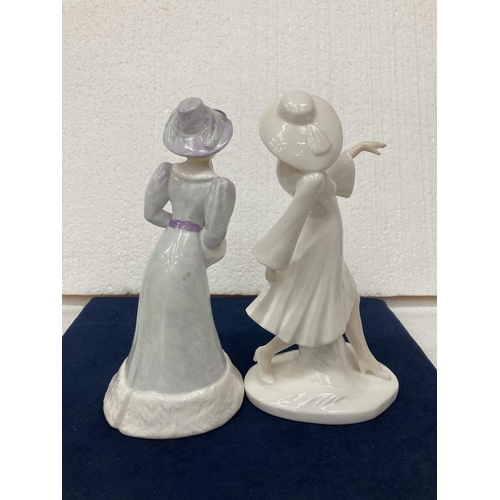 722 - A BONE CHINA COALPORT LADY FIGURINE TOGETHER WITH ANOTHER BOTH MADE IN ENGLAND 21 AND 20 CM