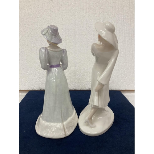 722 - A BONE CHINA COALPORT LADY FIGURINE TOGETHER WITH ANOTHER BOTH MADE IN ENGLAND 21 AND 20 CM