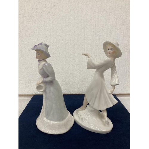 722 - A BONE CHINA COALPORT LADY FIGURINE TOGETHER WITH ANOTHER BOTH MADE IN ENGLAND 21 AND 20 CM