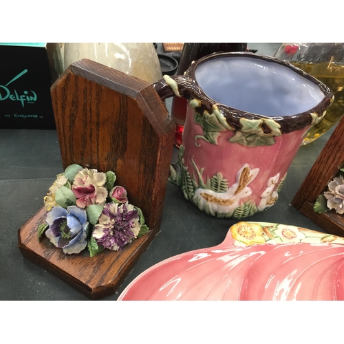 79 - A PAIR OF MAHOGANY BOOKENDS WITH FLORAL DISPLAY, ROSE BOUQUET PLATES AND A PINK FLORAL RABBIT JUG