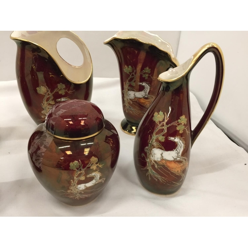 81 - SIX PIECES OF CROWN DEVON FIELDINGS 'PEGASUS' IN A CRIMSON LUSTRE COLOUR TO INCLUDE JUGS, GINGER JAR... 