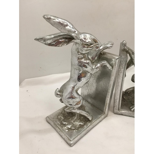 84 - A PAIR OF SILVER COLOURED HARE BOOKENDS HEIGHT 23.5CM