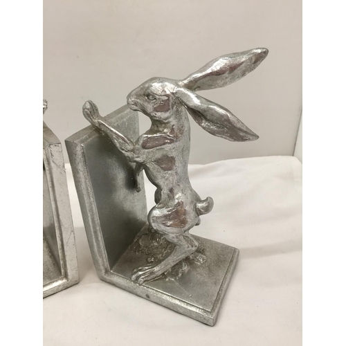 84 - A PAIR OF SILVER COLOURED HARE BOOKENDS HEIGHT 23.5CM