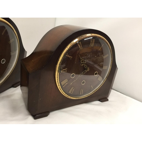 87 - TWO VINTAGE MAHOGANY CASED MANTLE CLOCKS WITH PENDULUMS