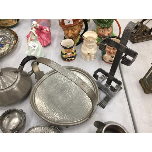 98 - A QUANTITY OF PEWTER ITEMS TO INCLUDE TRAYS, TEAPOT, BOWLS, PLUS A COPPER SET OF SPIRIT MEASURES , C... 