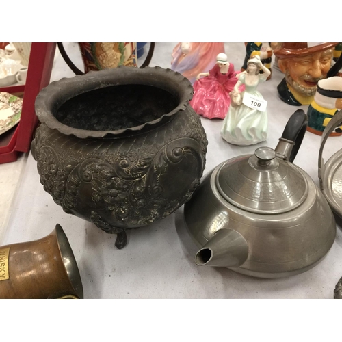 98 - A QUANTITY OF PEWTER ITEMS TO INCLUDE TRAYS, TEAPOT, BOWLS, PLUS A COPPER SET OF SPIRIT MEASURES , C... 