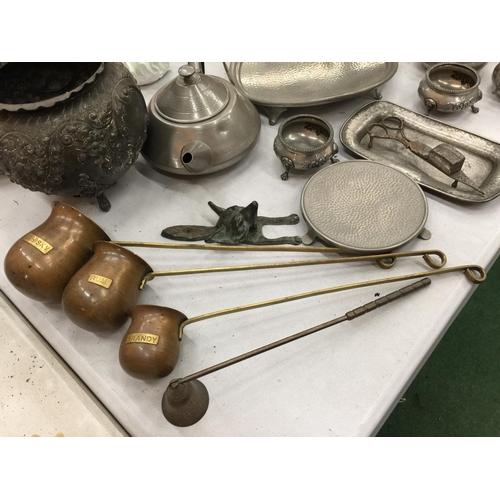 98 - A QUANTITY OF PEWTER ITEMS TO INCLUDE TRAYS, TEAPOT, BOWLS, PLUS A COPPER SET OF SPIRIT MEASURES , C... 