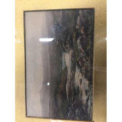 123 - A FRAMED PRINT OF DARTMOOR  A/F TOGETHER WITH A FRAMED PRINT OF CHAGFORD ANCIENT BRIDGE ON WALLABROO... 