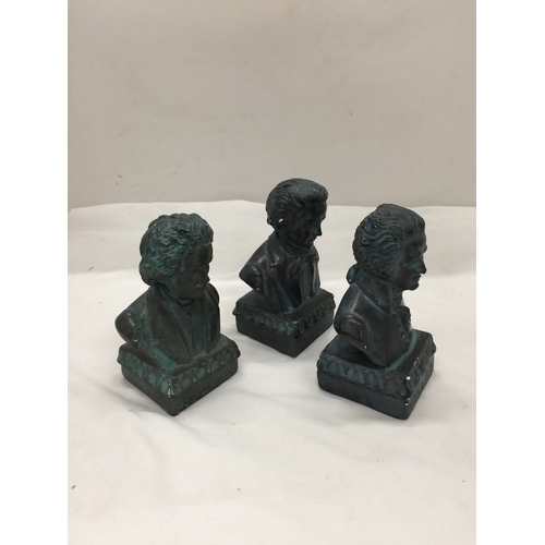 125 - THREE BUSTS OF CLASSICAL COMPOSERS, BEETHOVEN, MOZART AND SCHUBERT, HEIGHT 14CM