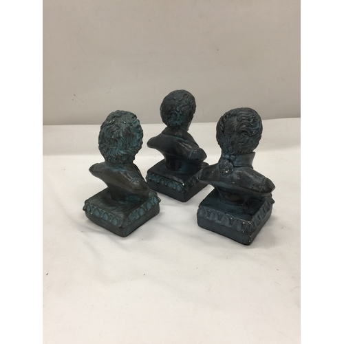 125 - THREE BUSTS OF CLASSICAL COMPOSERS, BEETHOVEN, MOZART AND SCHUBERT, HEIGHT 14CM