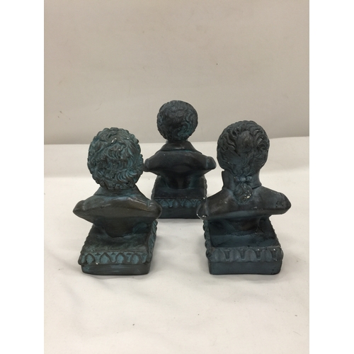 125 - THREE BUSTS OF CLASSICAL COMPOSERS, BEETHOVEN, MOZART AND SCHUBERT, HEIGHT 14CM