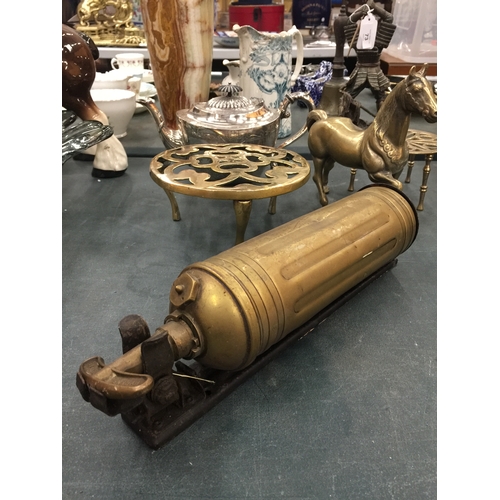 132 - TWO BRASS TRIVETS, A BRASS HORSE, VINTAGE FIRE EXTINGUISHER AND A SILVER PLATED TEAPOT