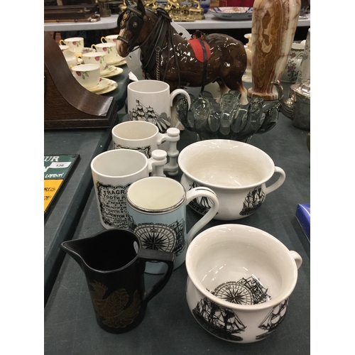 134 - A QUANTITY OF PORTMERION 'SAILING SHIPS' ITEMS TO INCLUDE TANKARDS, A BOWL, 'PHOENIX' JUG, PLUS A SH... 