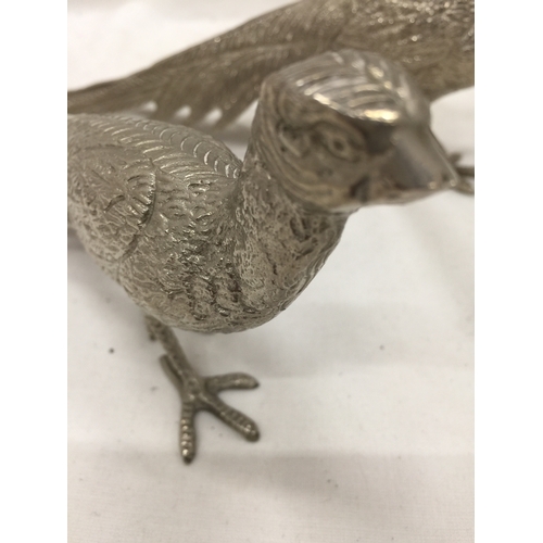 141 - A LARGE AND SMALLER  PAIR OF SILVER PLATED PHEASANTS