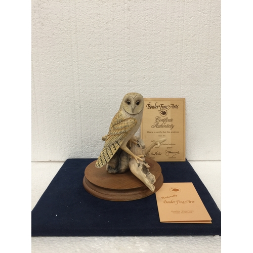 735 - A BORDER FINE ARTS BARN OWL SITTING ON A STUMP  ON A WOODEN STAND - HAND MADE IN SCOTLAND AND SIGNED... 