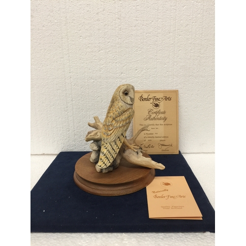 735 - A BORDER FINE ARTS BARN OWL SITTING ON A STUMP  ON A WOODEN STAND - HAND MADE IN SCOTLAND AND SIGNED... 