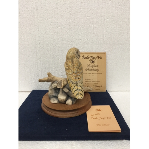 735 - A BORDER FINE ARTS BARN OWL SITTING ON A STUMP  ON A WOODEN STAND - HAND MADE IN SCOTLAND AND SIGNED... 