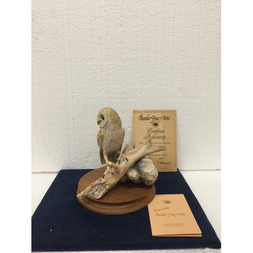 735 - A BORDER FINE ARTS BARN OWL SITTING ON A STUMP  ON A WOODEN STAND - HAND MADE IN SCOTLAND AND SIGNED... 