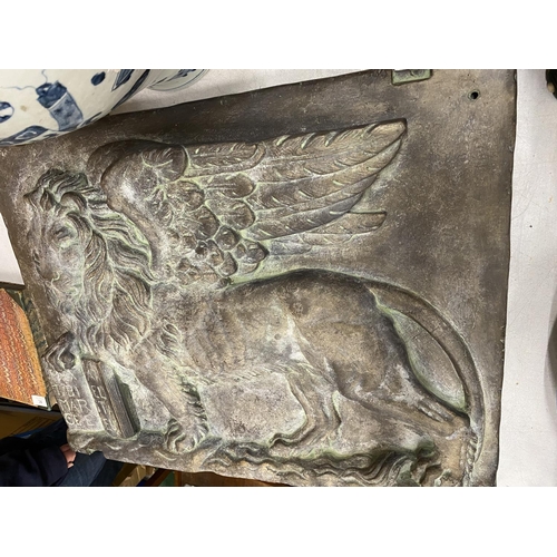 37A - A LARGE AND VERY HEAVY BRONZED STONE WALL PLAQUE WITH VENETIAN WINGED LION 72CM X 52.5CM