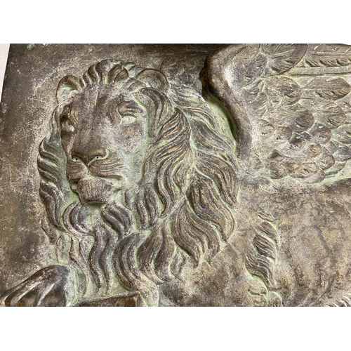 37A - A LARGE AND VERY HEAVY BRONZED STONE WALL PLAQUE WITH VENETIAN WINGED LION 72CM X 52.5CM