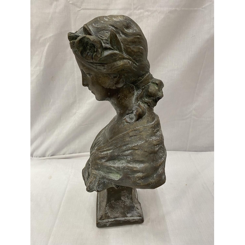 40 - A RECONSTITUTED STONE 'BRONZED' BUST OF DIANA HEIGHT APPROX 46CM