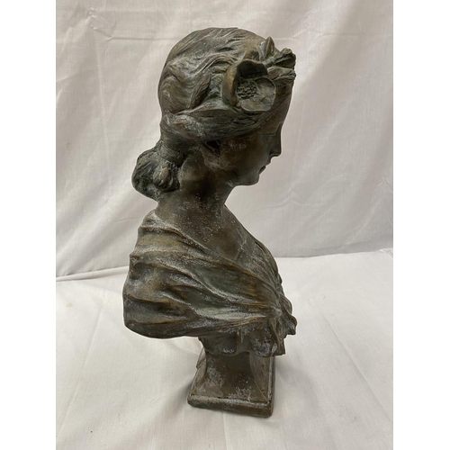 40 - A RECONSTITUTED STONE 'BRONZED' BUST OF DIANA HEIGHT APPROX 46CM