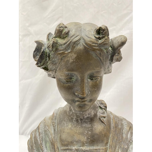 40 - A RECONSTITUTED STONE 'BRONZED' BUST OF DIANA HEIGHT APPROX 46CM