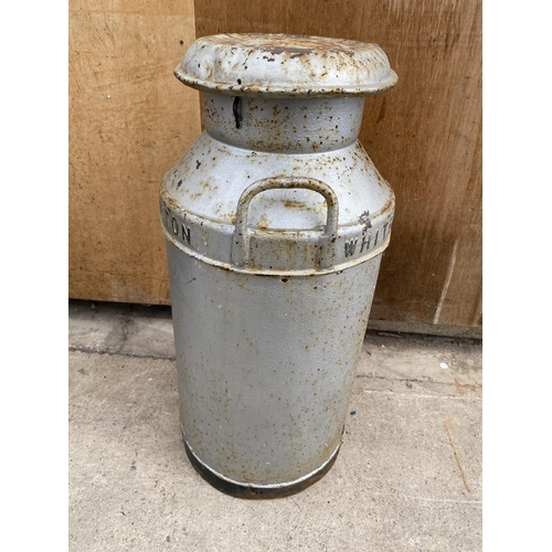 1202 - A VINTAGE GALVANISED MILK CHURN WITH LID BEARING THE NAME 'WHITE WELL DARIES ACCRINGTON'