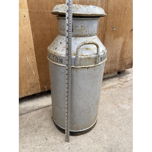 1202 - A VINTAGE GALVANISED MILK CHURN WITH LID BEARING THE NAME 'WHITE WELL DARIES ACCRINGTON'