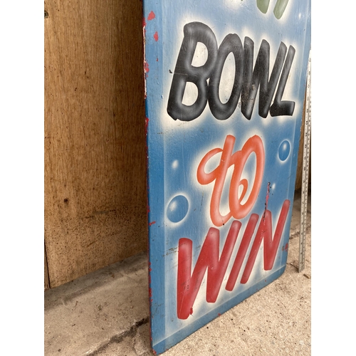 1207 - A 1970'S HAND PAINTED WOODEN 'ONE BALL IN ANY BOWL TO WIN' FAIRGROUND SIGN