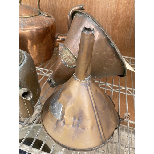 1237 - A COLLECTION OF VINTAGE COPPER ITEMS TO INCLUDE TWO KETTLES AND TWO FUNNELS