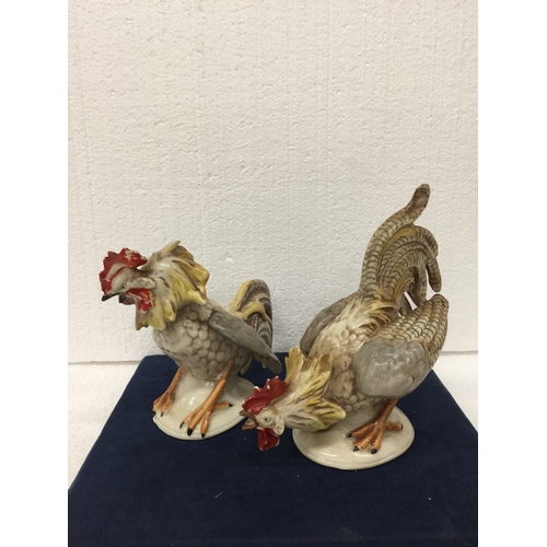 741 - A PAIR OF VINTAGE CERAMIC FIGHTING ROOSTERS MADE IN EAST GERMANY PRE 1989